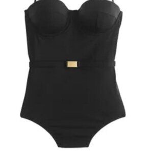 J. Crew Womens Black Corset One Piece Bathing Swimsuit size 14 D cup belted